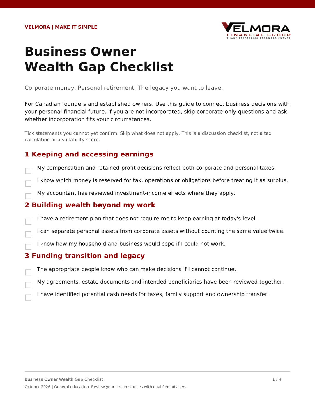 First page of the Business Owner Wealth Gap Checklist