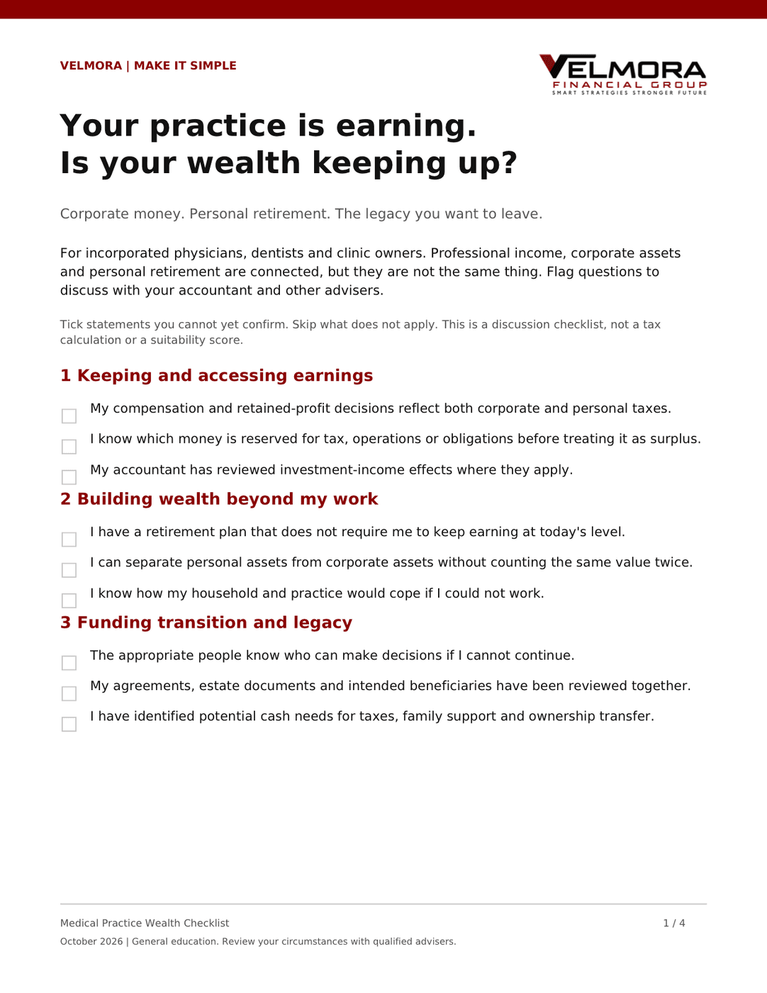 First page of the Medical Practice Wealth Checklist