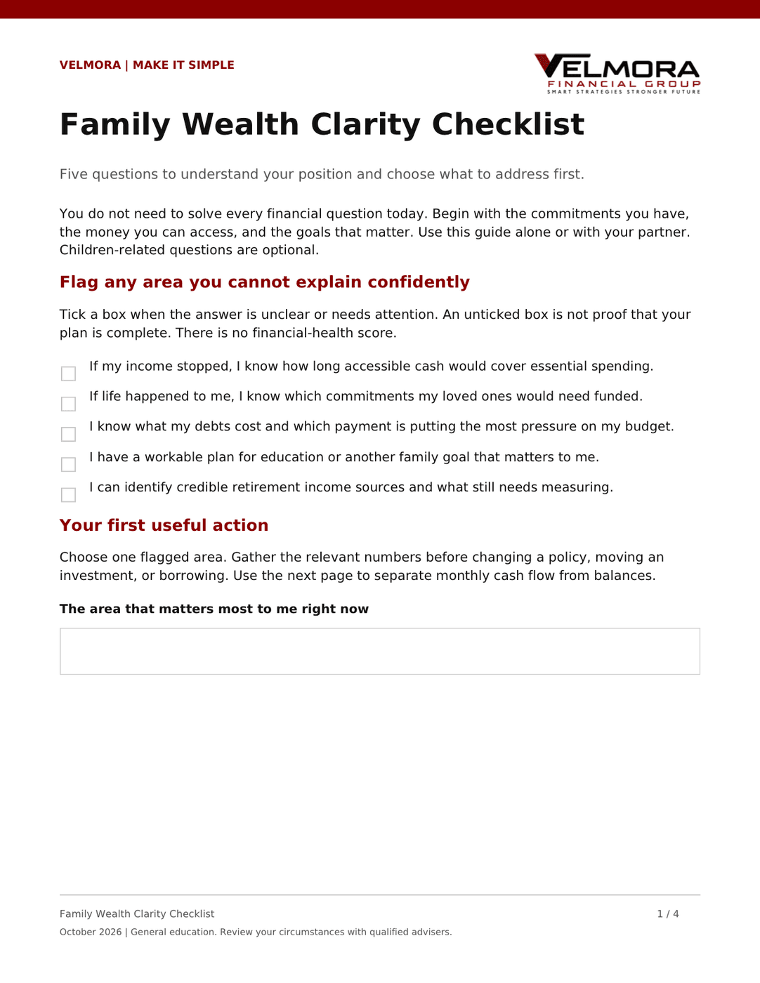 First page of the Family Wealth Clarity Checklist